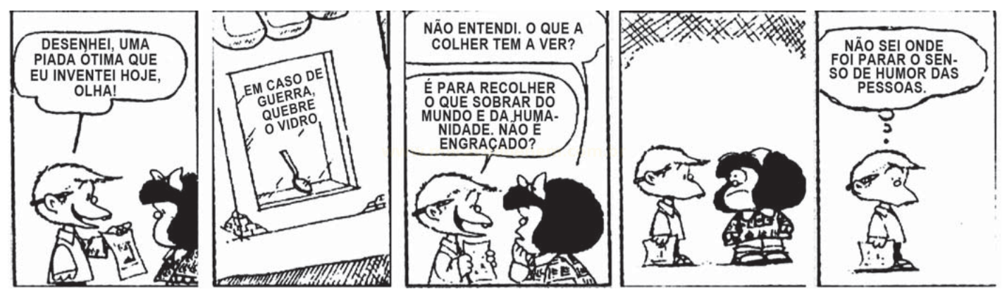 Tira de cinco quadrinhos em que um menino mostra uma piada desenhada a uma menina, que não a acha engraçada.