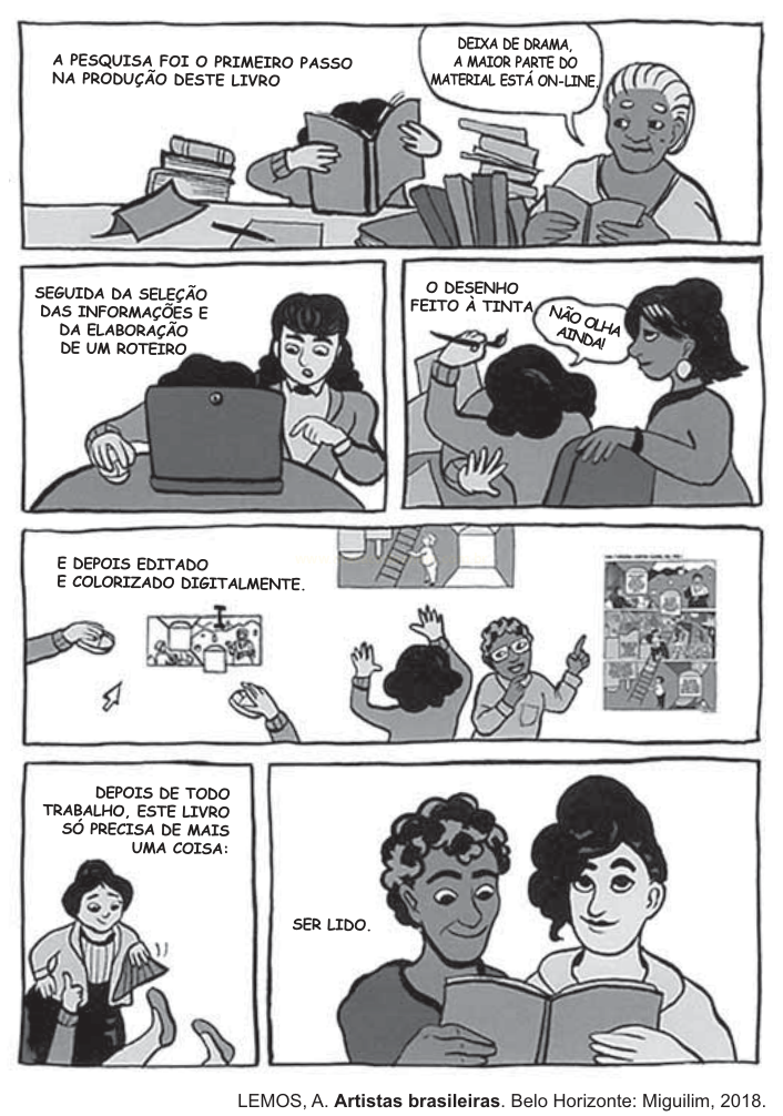 Tira de quadrinhos em preto e branco sobre as etapas de produção de um livro por várias mulheres.