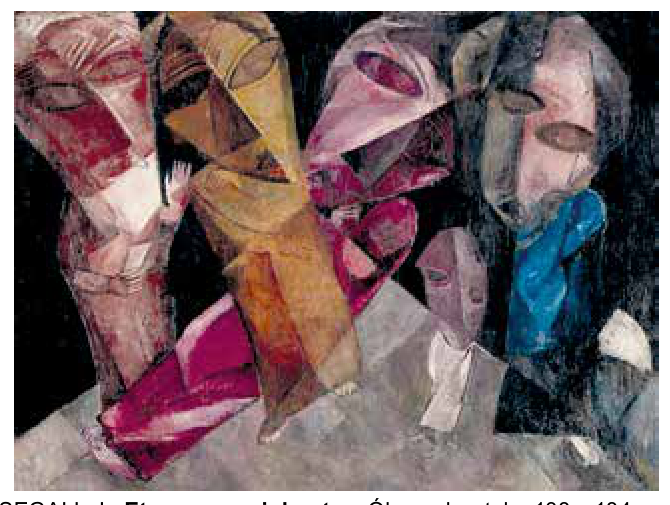 Pintura cubista com figuras humanas fragmentadas em vermelho, rosa, amarelo e azul sobre fundo escuro.