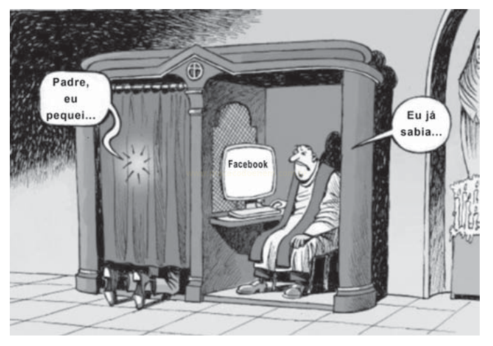 Charge de um confessionário em que o padre, diante de um computador com o Facebook na tela, diz que já sabia.