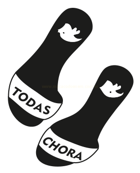 Ilustração de duas formas pretas alongadas com as palavras 'TODAS' e 'CHORA'.