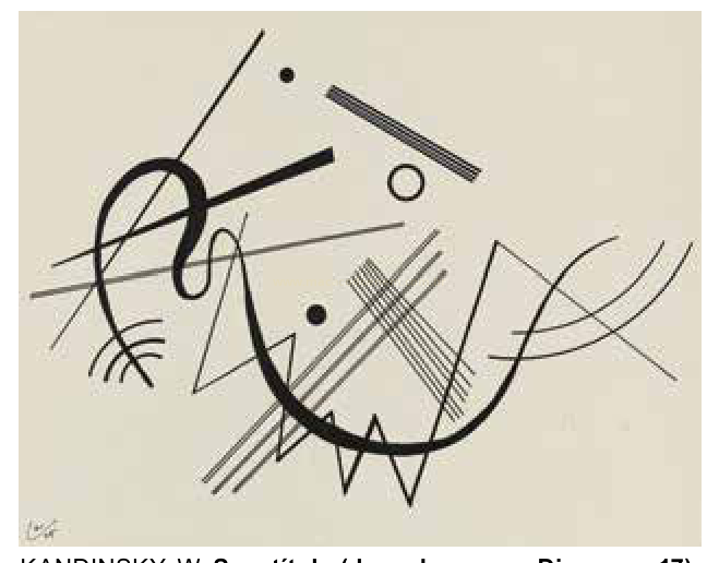 Desenho abstrato em preto e branco com linhas retas, curvas, círculos e hachuras sobre fundo bege.