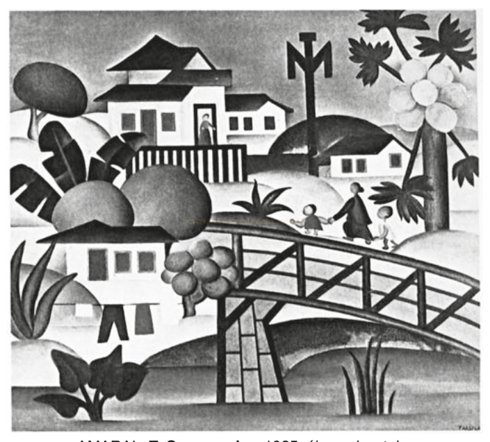 Pintura em tons de cinza de uma paisagem com casas, ponte, vegetação e uma mulher com duas crianças.
