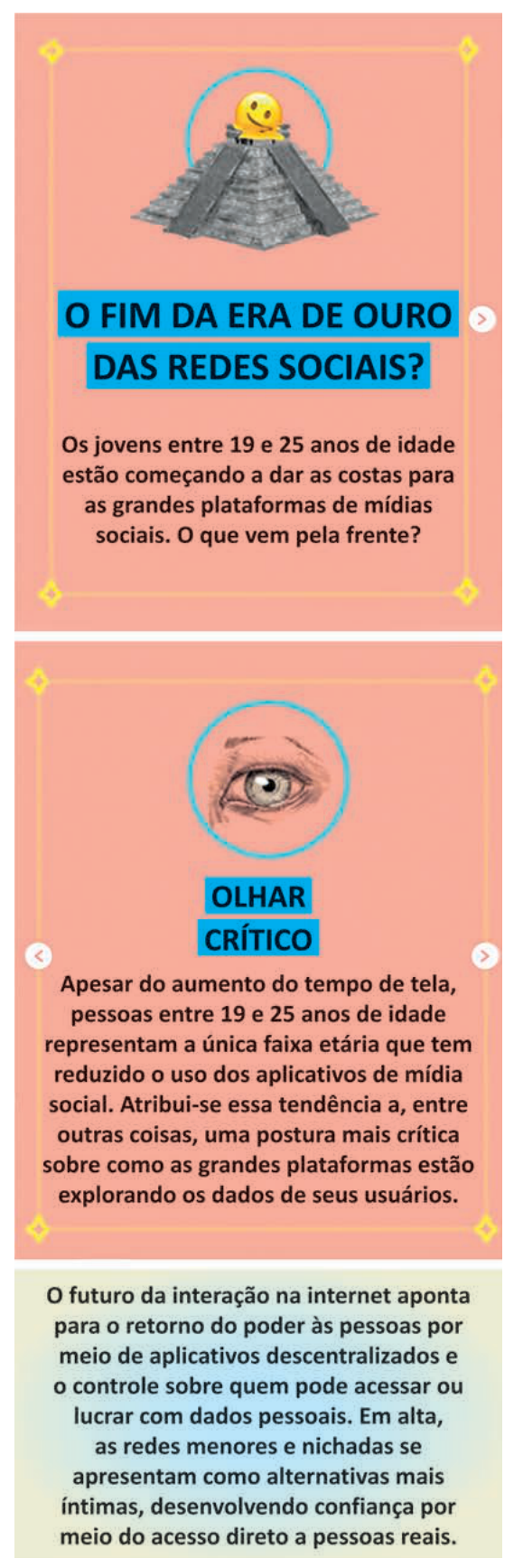 Infográfico sobre o possível fim da era de ouro das redes sociais e o olhar crítico dos jovens de 19 a 25 anos.