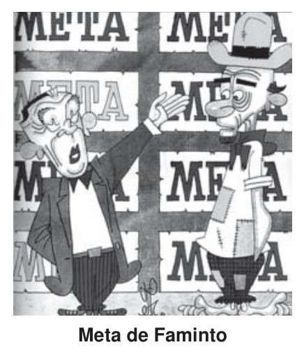Charge em preto e branco com dois homens magros diante de um muro coberto pela palavra META.