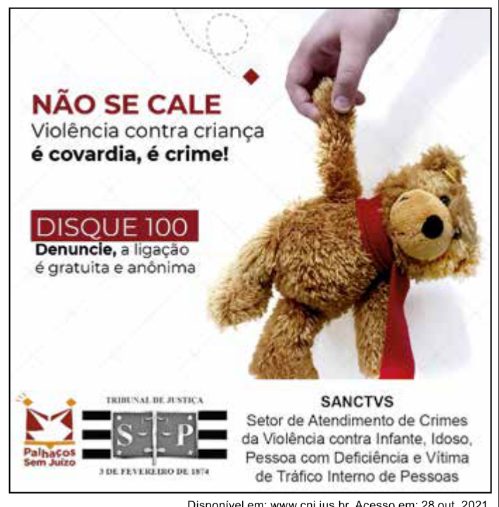 Cartaz da campanha "Não se cale" contra a violência infantil, com o Disque 100 e uma mão segurando um ursinho de pelúcia.
