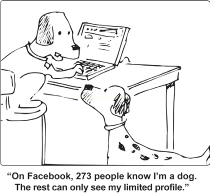 Cartum com um cachorro usando um notebook e outro cachorro observando, com legenda sobre rede social.