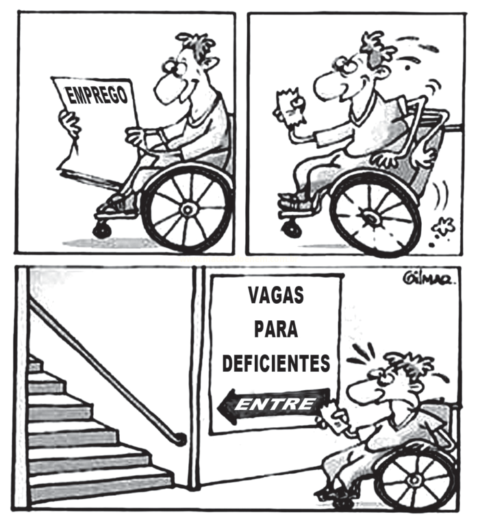 Tirinha em preto e branco de um homem em cadeira de rodas que encontra uma vaga de emprego no topo de uma escada.