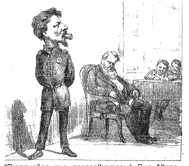Charge em preto e branco de um militar de pé diante de um homem idoso sentado, observados por dois jovens ao fundo.