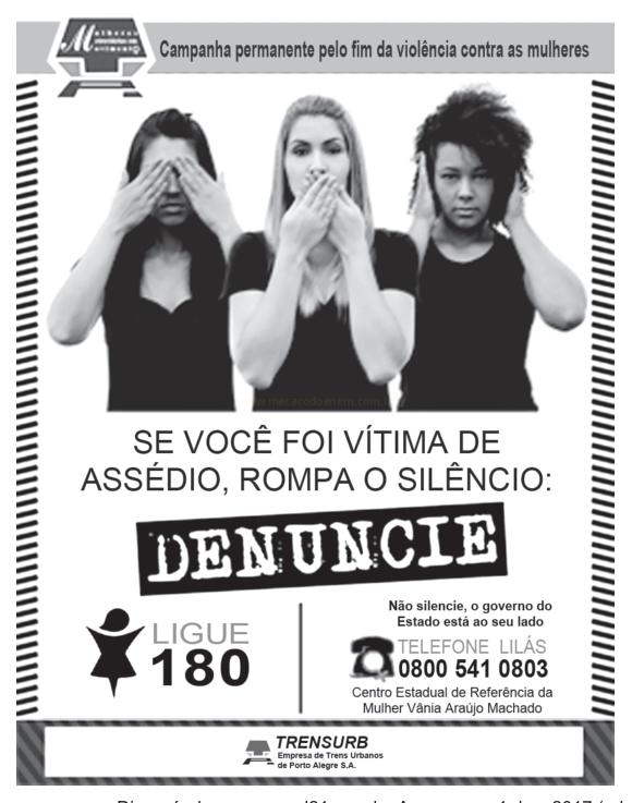 Cartaz de campanha contra a violência à mulher com três mulheres que tapam olhos, boca e ouvidos e a palavra "Denuncie".