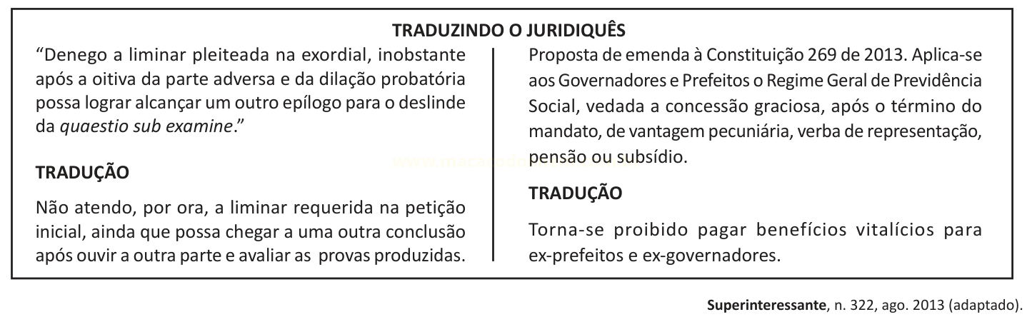 Quadro que compara dois trechos em linguagem jurídica com suas respectivas traduções em linguagem simples.