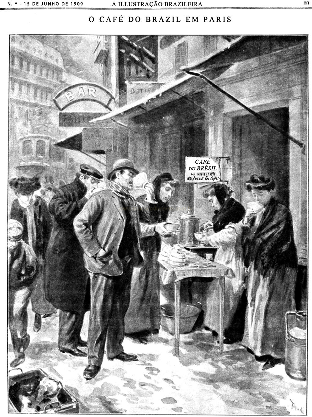 Ilustração em preto e branco de 1909 mostrando pessoas bebendo café em uma calçada de Paris.