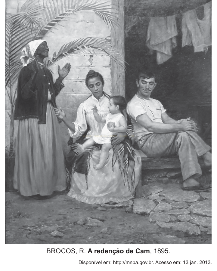 Pintura com uma mulher negra idosa, um casal branco e uma criança pequena em uma varanda de piso de pedra.