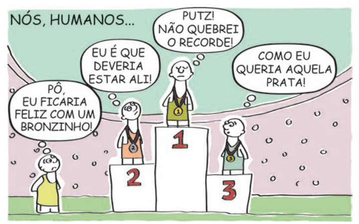 Cartum com quatro atletas em um pódio, todos insatisfeitos com suas colocações.