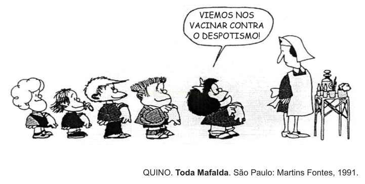 Tira de quadrinho com crianças em fila diante de uma enfermeira; um balão diz que vieram se vacinar contra o despotismo.