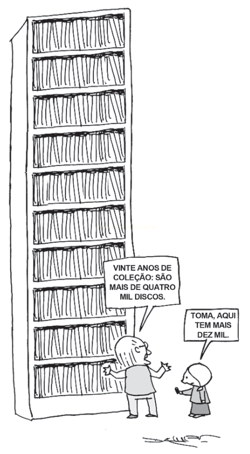 Desenho de duas pessoas diante de uma estante lotada de discos, em que a criança diz que tem mais dez mil para acrescentar.