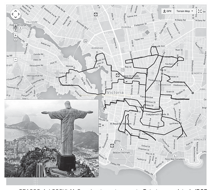 Mapa de ruas com trajeto marcado por linha preta e, no canto inferior esquerdo, foto da estátua do Cristo Redentor.