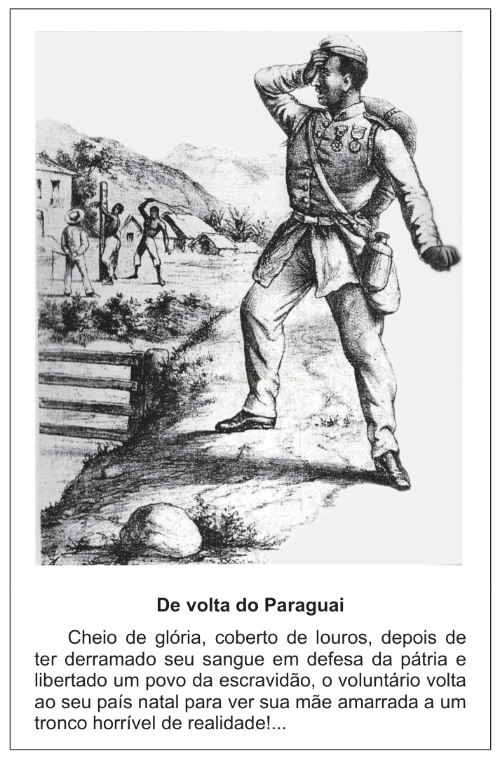 Ilustração em preto e branco de um militar condecorado observando ao longe uma paisagem rural com uma casa e três pessoas.