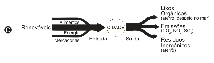 Diagrama C: entradas renováveis em uma cidade, com saídas de lixos orgânicos, emissões gasosas e resíduos inorgânicos.