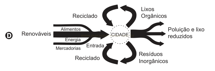 Diagrama D: entradas renováveis em uma cidade, com saídas de lixos e resíduos e dois laços de reciclagem.