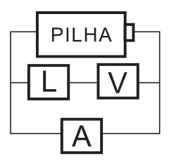 Circuito elétrico com pilha, L e V em série em um ramo e A em outro ramo em paralelo.