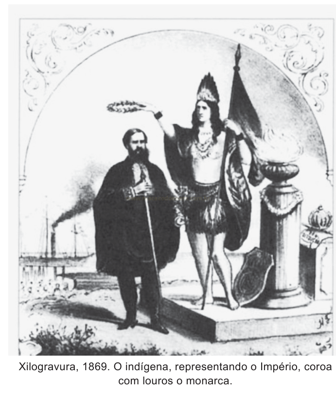 Xilogravura em preto e branco com figura indígena coroando com louros um homem barbado de casaca.