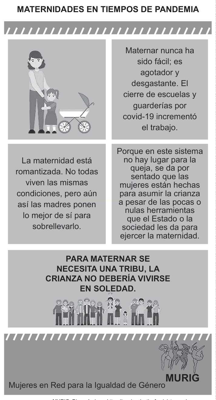 Infográfico sobre maternidade na pandemia, com ilustrações e blocos de texto em espanhol.