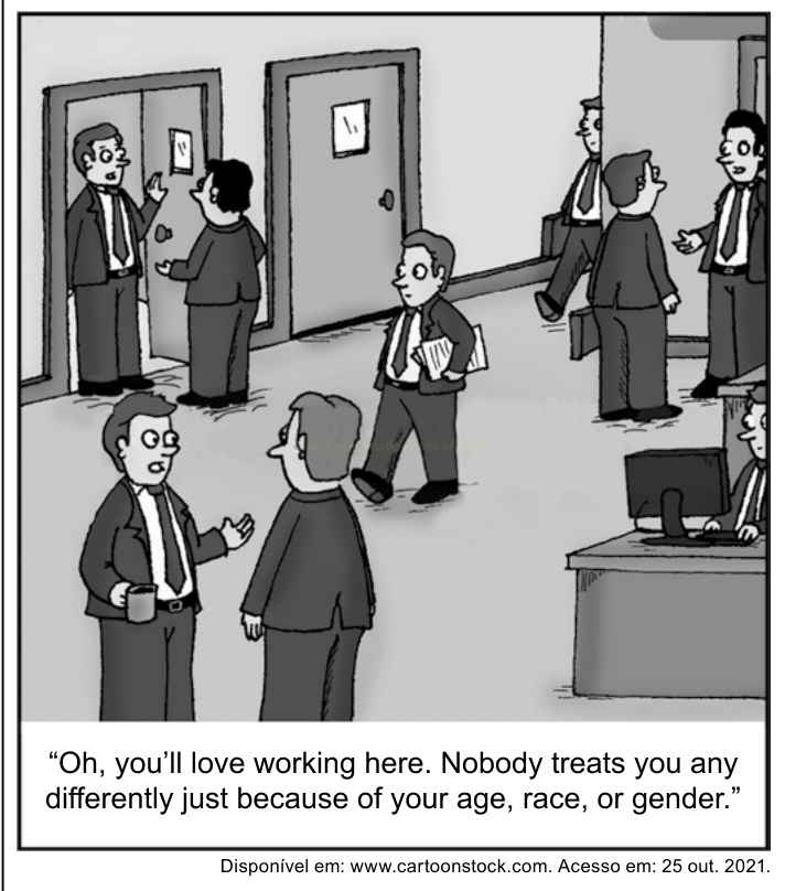 Charge em preto e branco de pessoas de terno conversando em um escritório, com a legenda 'Oh, you'll love working here...'.