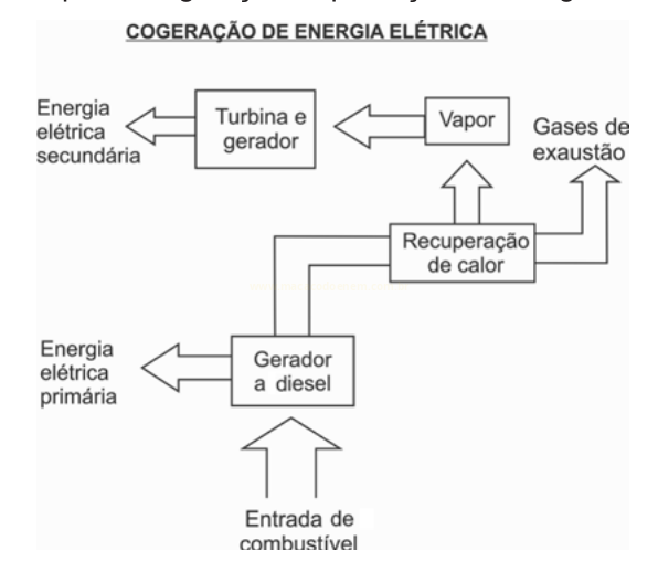 Fluxograma da cogeração de energia elétrica, partindo do combustível e do gerador a diesel até turbina, vapor e recuperação de calor.