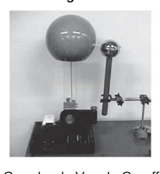 Fotografia em preto e branco de um aparelho de eletrostática com uma esfera grande sobre haste e outra menor em um suporte.