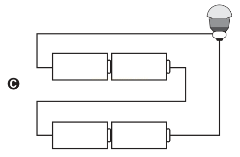 Circuito C: dois ramos paralelos, cada um com dois componentes em série, conectados a uma lâmpada.
