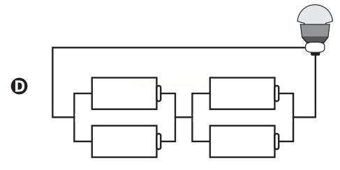 Circuito D: dois pares de componentes em paralelo ligados em série, conectados a uma lâmpada.