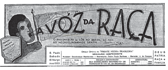 Cabeçalho do jornal “A VOZ DA RAÇA”, de 1933, com ilustração, título e dados de publicação.