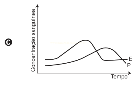 Gráfico C: a curva E sobe e cai antes, enquanto a curva P tem pico mais tardio e mais baixo.