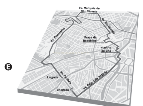 Mapa esquemático de trecho urbano com um percurso fechado marcado por linha escura e nomes de vias.