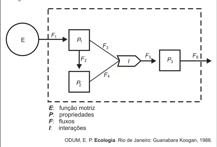 Fluxograma com os elementos E, P1, P2, I e P3 ligados pelas setas de fluxo F1 a F6, identificados por uma legenda.