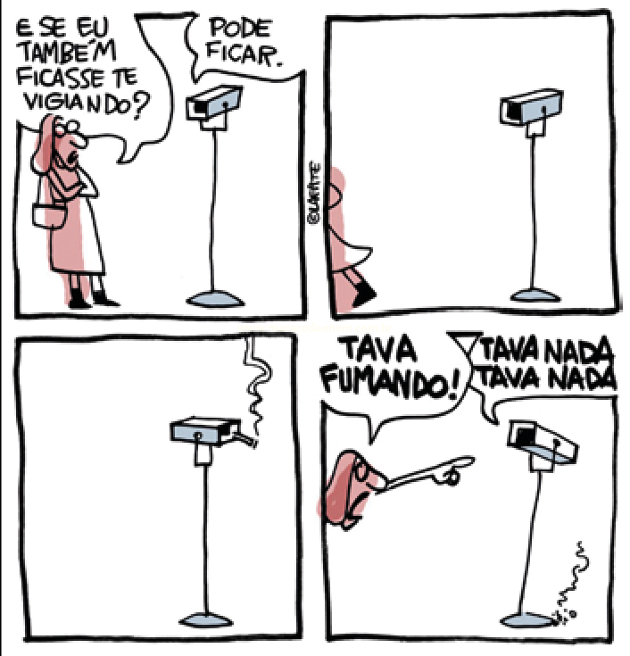 Tira de quatro quadros em que uma mulher pergunta se pode vigiar a câmera de vigilância e depois a flagra soltando fumaça.