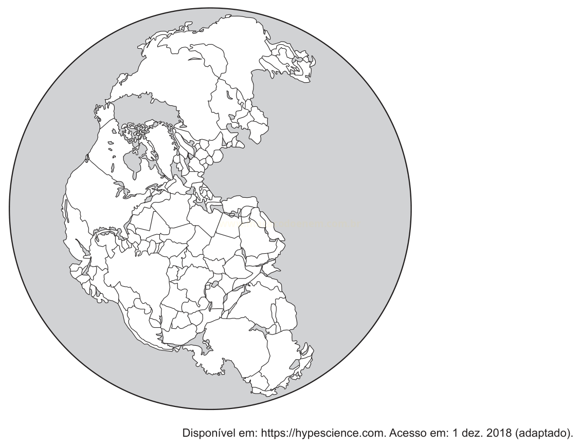 Mapa circular de um globo com os continentes representados unidos em uma única massa continental, sem rótulos.