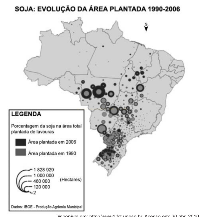 Mapa do Brasil com círculos proporcionais mostrando a evolução da área plantada de soja entre 1990 e 2006.