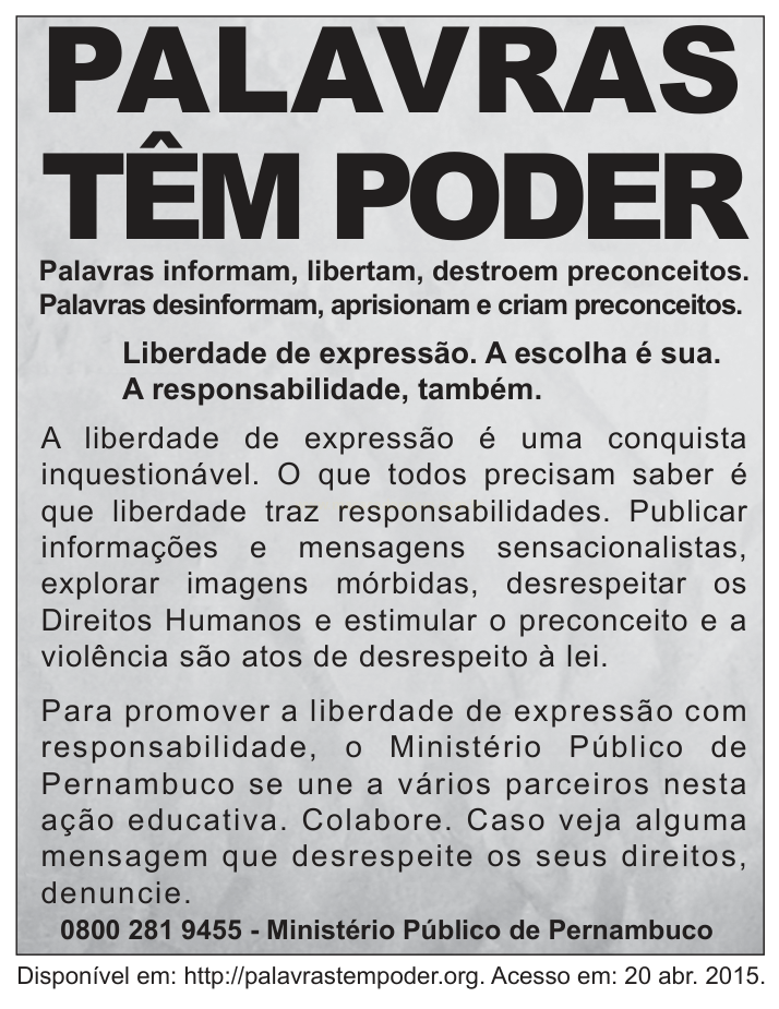 Cartaz com a frase "Palavras têm poder" e textos sobre liberdade de expressão e responsabilidade.