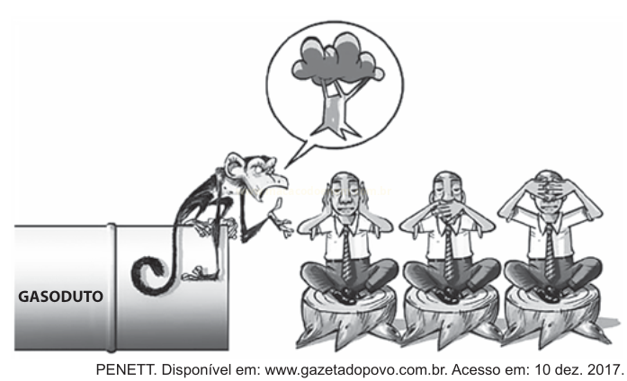Charge com macaco sobre um gasoduto pensando em uma árvore e três homens sentados em tocos tapando olhos, boca e orelhas.