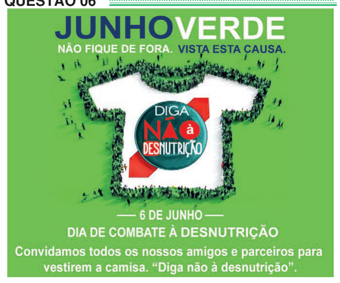 Cartaz "Junho Verde" com muitas pessoas formando o contorno de uma camiseta e o selo "Diga não à desnutrição".
