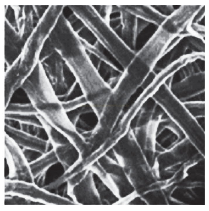 Micrografia em preto e branco de uma rede de fibras entrelaçadas formando uma estrutura porosa.