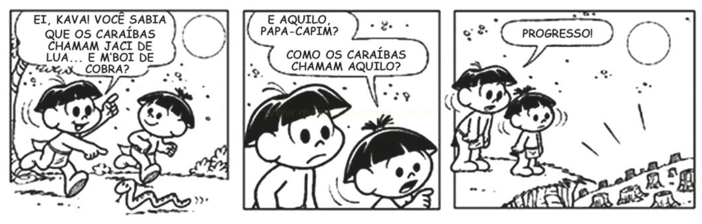 Tira em quadrinhos com dois meninos indígenas falando sobre nomes de animais e concluindo com 'Progresso!'.