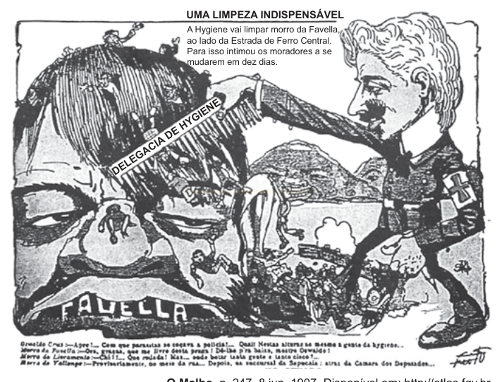 Charge de 1907 intitulada “Uma limpeza indispensável”, com figura retirando o morro da Favella e faixa da Delegacia de Hygiene.