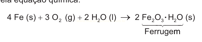 Equação química da formação da ferrugem a partir de ferro, oxigênio e água.