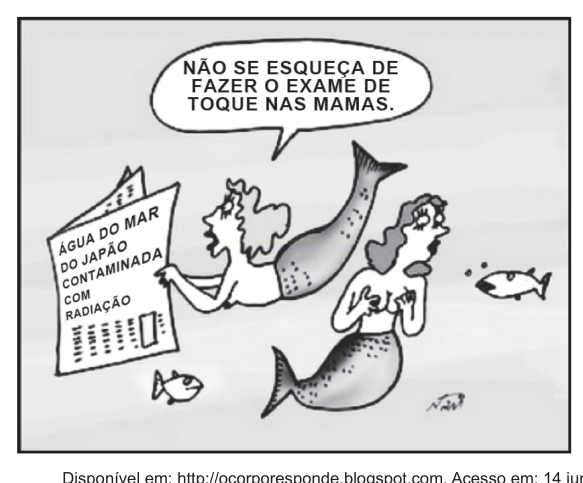 Charge com duas sereias, uma segurando um papel sobre água do mar contaminada com radiação, em meio a peixes.