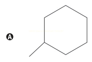 Estrutura química de um anel hexagonal com um grupo metila ligado a um vértice, identificada pela letra A.