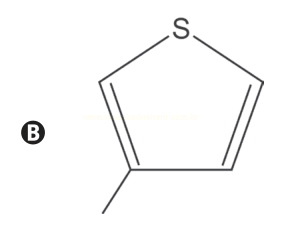 Estrutura química de um anel de cinco membros com enxofre e duas ligações duplas, identificada pela letra B.