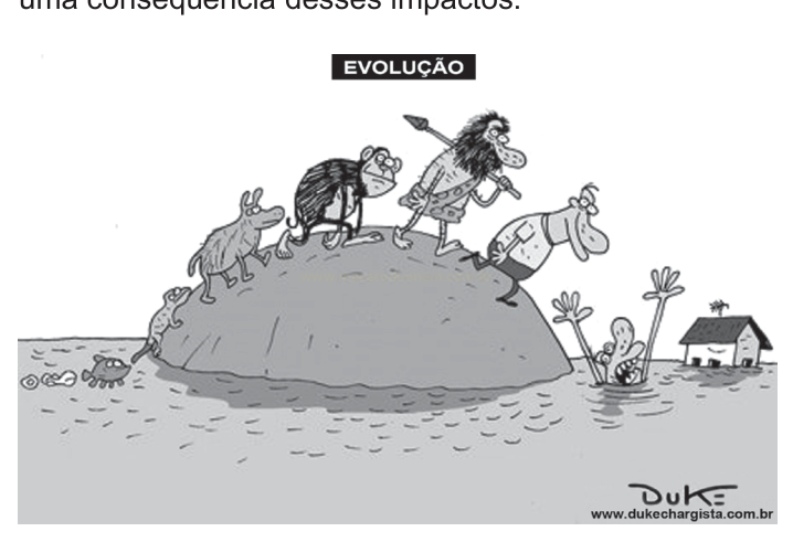 Charge em preto e branco sobre evolução, com figuras sobre um morro e um homem de gravata caindo na água.